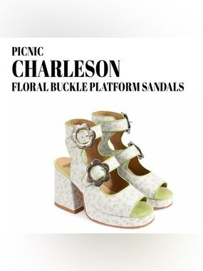 Fluevog NEARLY NEW Picnic Charleson white/green daisies buckle platform sandal-9